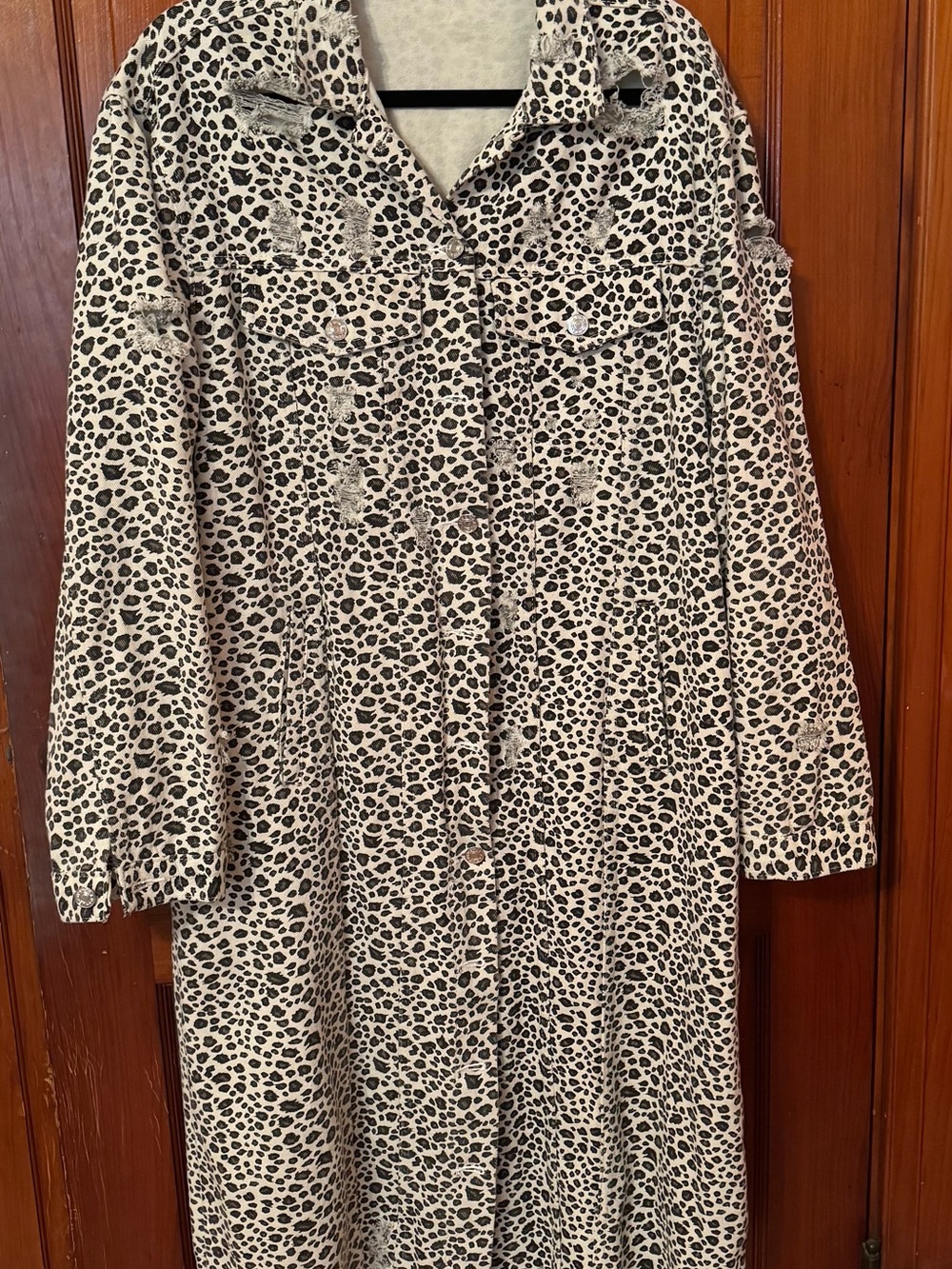 Veveret leopard print long length XL duster, denim jacket